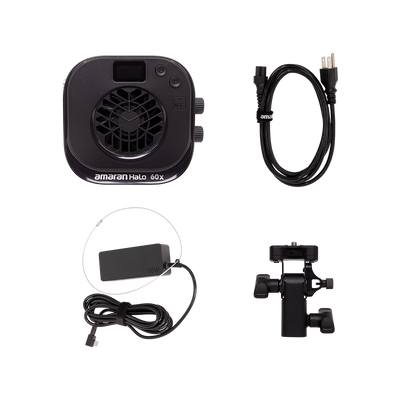 Amaran Halo 60x in the box: light, power adapter, AC cable and mounting adapter