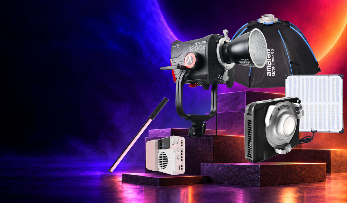 Aputure STORM 1200x, amaran Ace 25x, T2c, Ray 60c, F22c and Octa Dome 90 on a lit stage