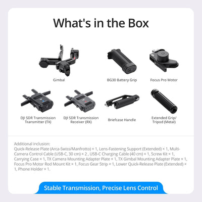 DJI RS 4 Pro Combo (2026) in-box overview with DJI SDR transmitter and receiver and Focus Pro Motor