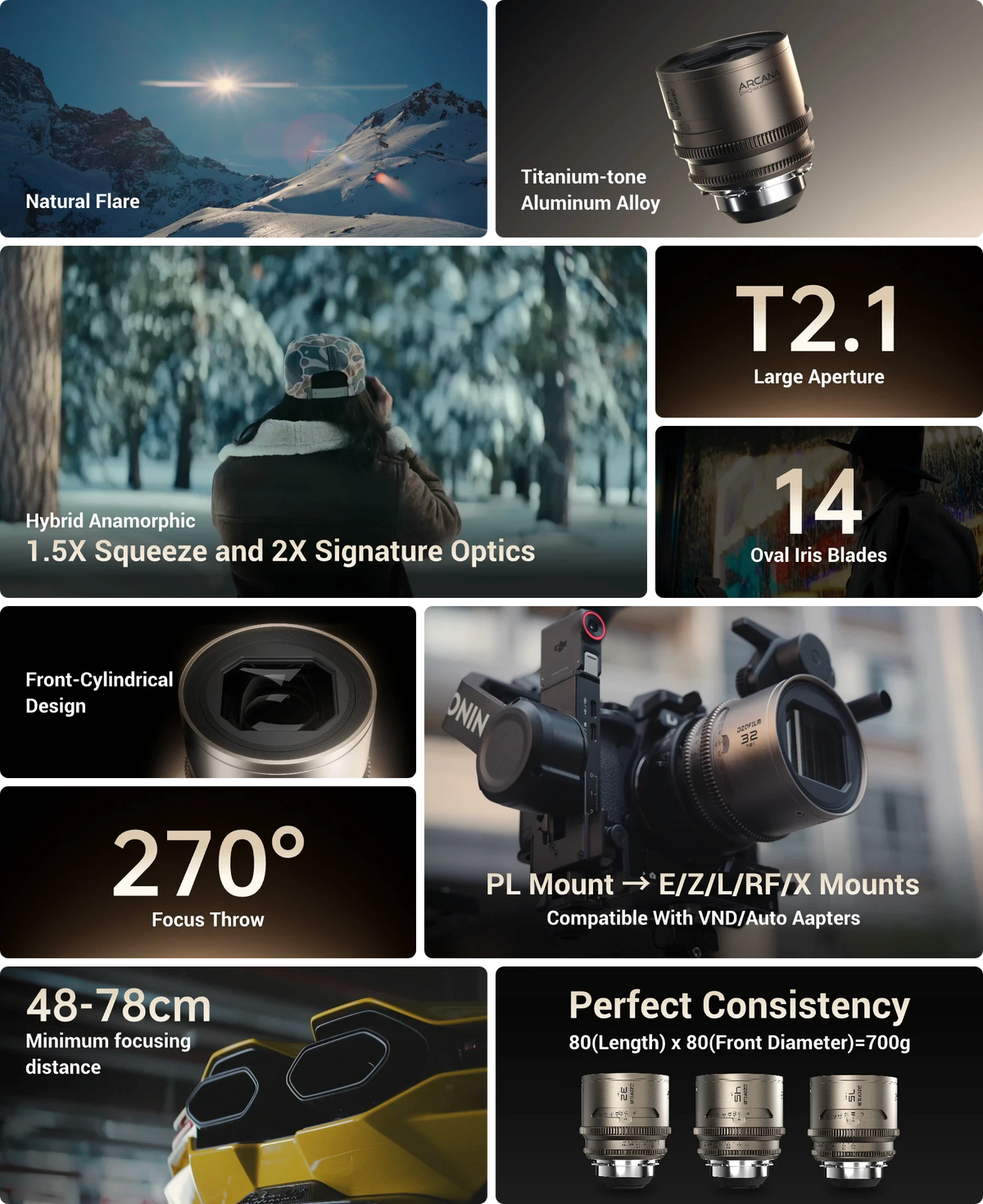 DZOFilm Arcana Anamorphic Prime 3-Lens Kit (ARRI PL, Titanium) feature highlight 3