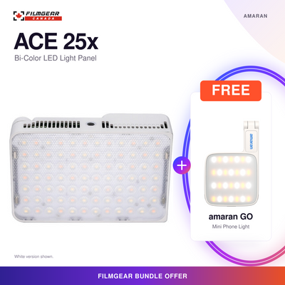 White amaran Ace 25x bi-color LED light panel with one free white amaran Go mini phone light; Filmgear Canada bundle offer. White version shown.