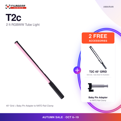 amaran T2c 25W 2 ft RGBWW LED tube light with free T2c 45-degree grid and Aputure amaran Baby Pin Adapter to NATO Rail Clamp; Autumn Sale, October 6-19.