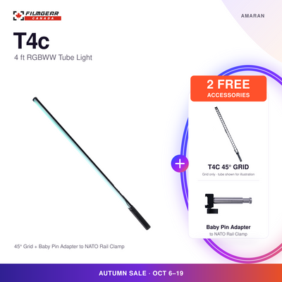 amaran T4c 50W 4 ft RGBWW LED tube light with free T4c 45-degree grid and Aputure amaran Baby Pin Adapter to NATO Rail Clamp; Autumn Sale, October 6-19.