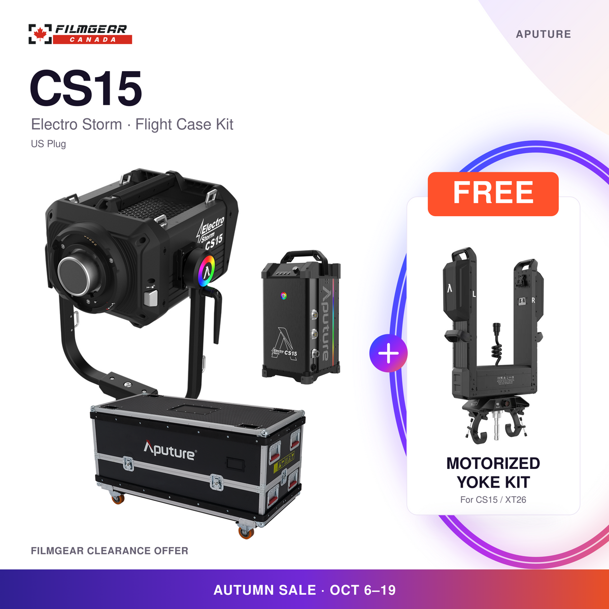 Aputure Electro Storm CS15 US-plug flight case kit, showing the lamp head, control unit and flight case, with one free Aputure Motorized Yoke for CS15/XT26; Filmgear clearance offer, October 6-19.
