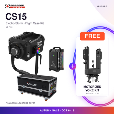 Aputure Electro Storm CS15 US-plug flight case kit, showing the lamp head, control unit and flight case, with one free Aputure Motorized Yoke for CS15/XT26; Filmgear clearance offer, October 6-19.