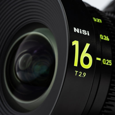 Close-up of NiSi 65 PRIME 16mm T2.9 metric focus marks 0.25, 0.26 and 0.27 m