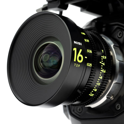 NiSi 65 PRIME 16mm T2.9 PL lens, metric version, shown mounted on a cinema camera (camera not included)