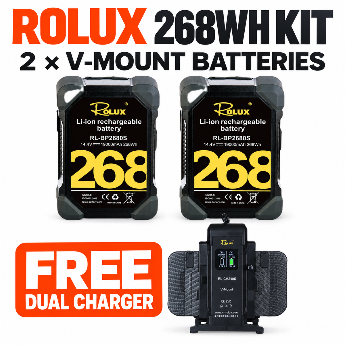 Rolux 268Wh V-mount dual battery kit with free dual charger