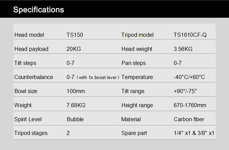 Teris TS150CF-Q Carbon Fiber Tripod Kit 20kg (44lb) Capacity 100mm Bowl Head with Flap Lock Quick Release - Filmgear Canada