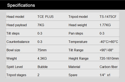 Teris TCE-CF PLUS Carbon Fiber Tripod Kit 7kg (15lb) Capacity 75mm Bowl Head - Filmgear Canada