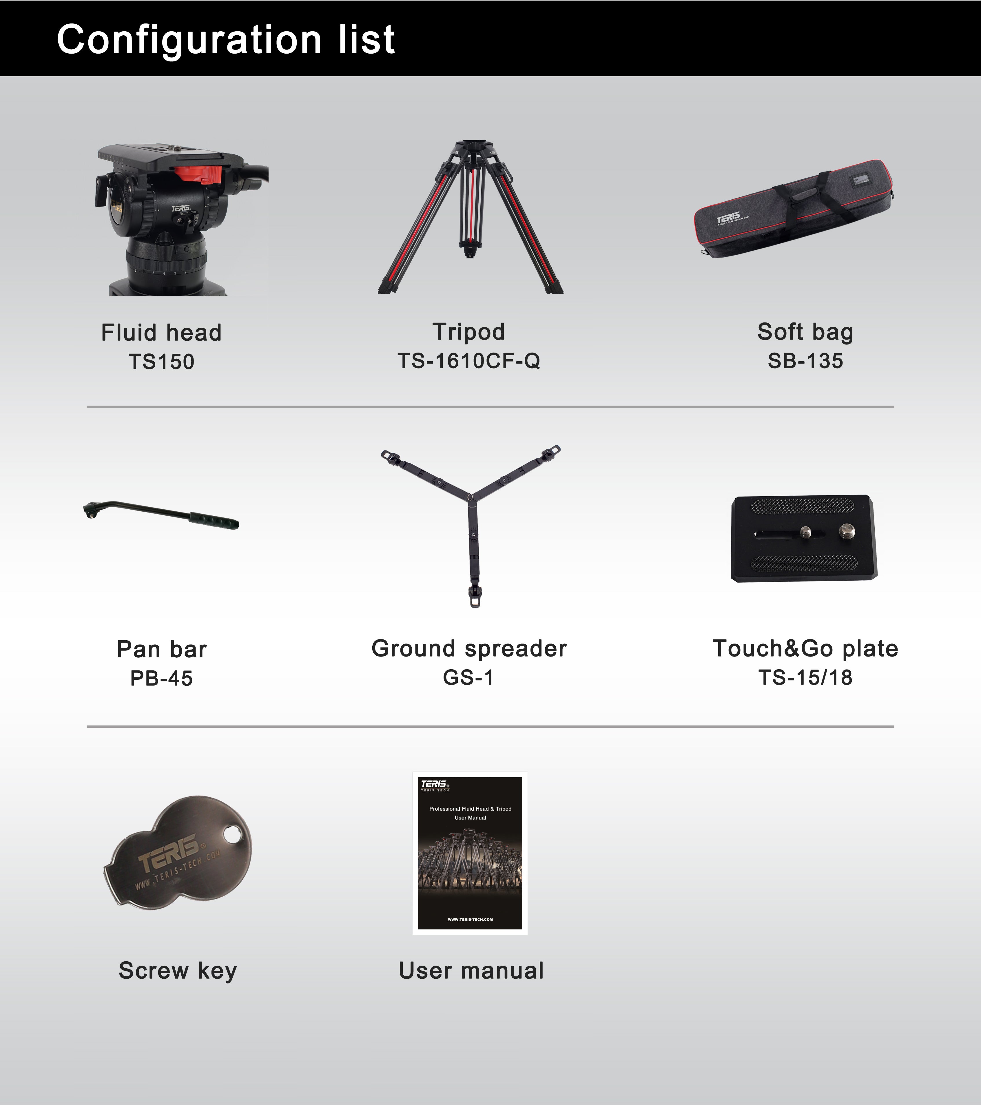 Teris TS150CF-Q Carbon Fiber Tripod Kit 20kg (44lb) Capacity 100mm Bowl Head with Flap Lock Quick Release - Filmgear Canada