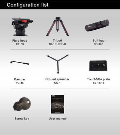 Teris TS150CF-Q Carbon Fiber Tripod Kit 20kg (44lb) Capacity 100mm Bowl Head with Flap Lock Quick Release - Filmgear Canada